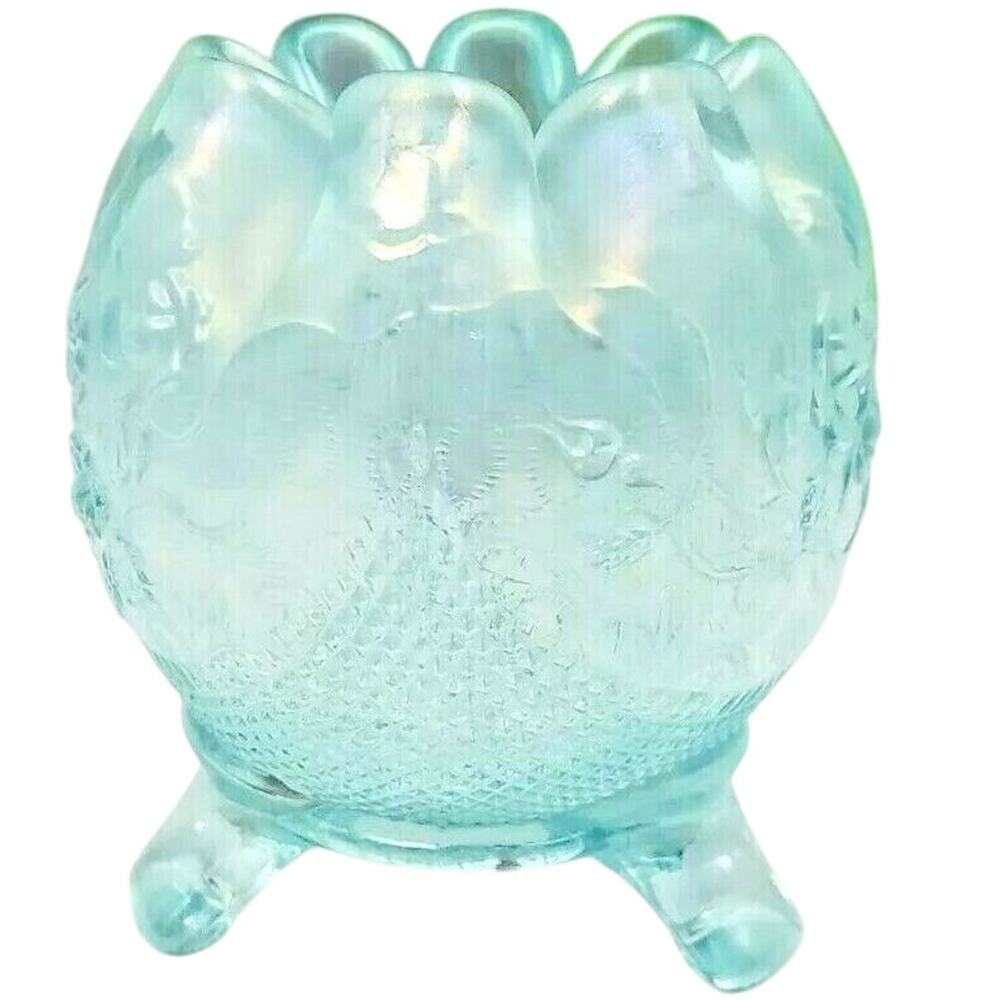 Northwood Carnival Glass MCM Ice Iridescent Blue Crystal Rose Footed Egg Bowl